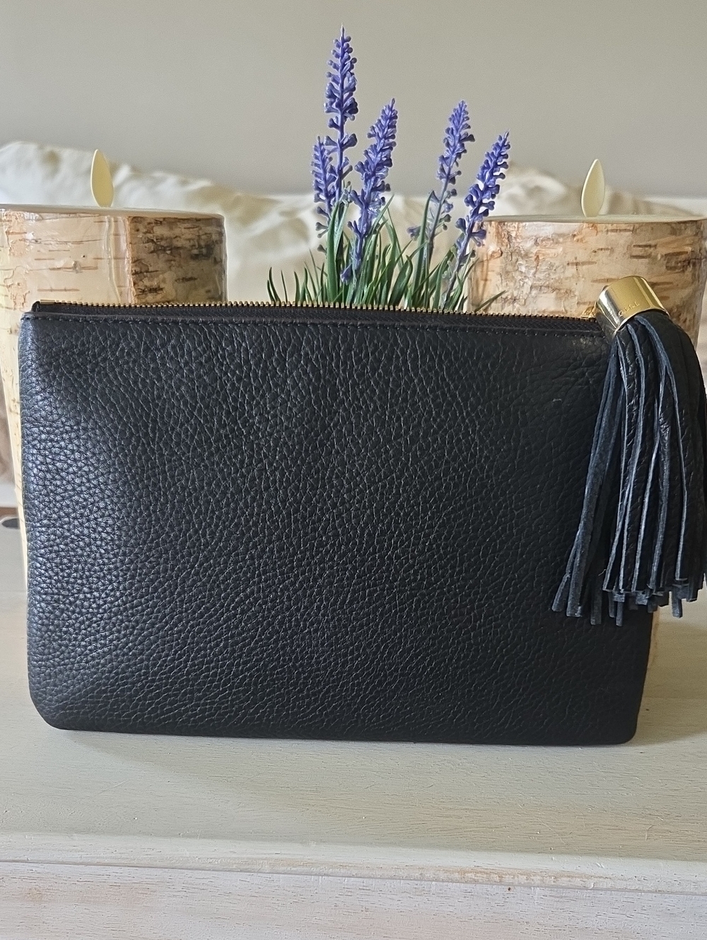 G.I.L.I. Black Leather Zip Wristlet Clutch with Tassel